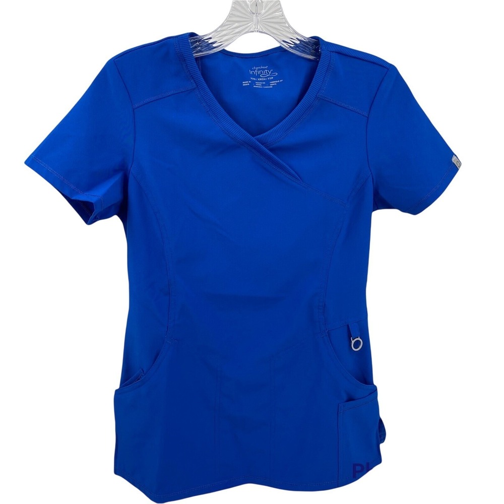 Cherokee Infinity Royal Blue Wrap Scrub Top Short Sleeve V-Neck Nursing  XXS